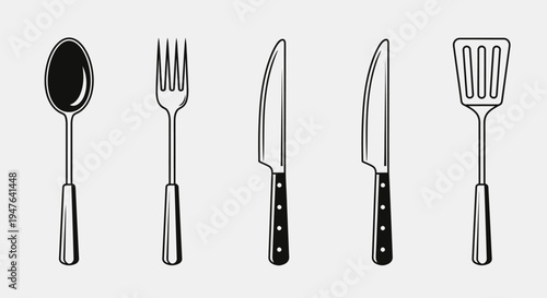 Kitchen Utensils Set: Spoon, Fork, Knives, Spatula - Hand Drawn Vector Illustration