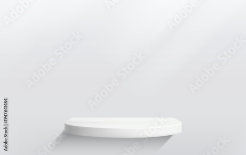 Round podium platform for product presentation. Minimal pedestal stage for display, showcase, advertising, branding. Modern design concept. Vector illustration. Realistic 3D scene mockup. White color.