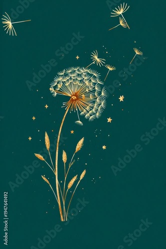 Una ilustración delicada de un diente de león liberando sus semillas al viento, con un fondo oscuro y estrellado.