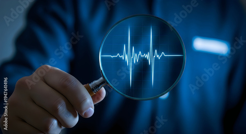 A person examining a magnified ecg heartbeat waveform on a dark blue background
