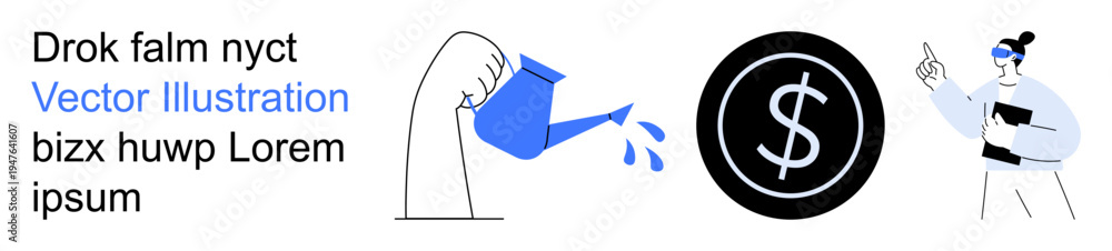 Obraz premium Economic strategy, financial growth, savings, investment, business planning, wealth management. A hand pouring water on a dollar sign and a person presenting. Financial growth and investment concept
