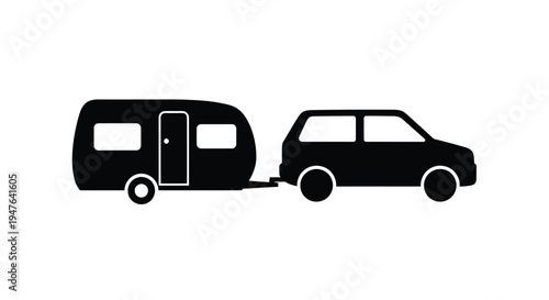 Black silhouette of a car towing a small camping trailer