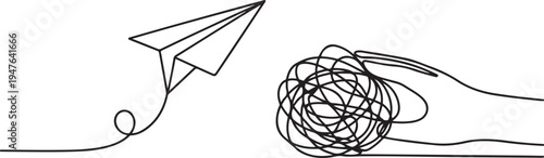 with paper plane and tangled ball. Symbol of confused mind and problems and support to untangle knot. one line art icon drawing vector