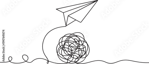 with paper plane and tangled ball. Symbol of confused mind and problems and support to untangle knot. one line art icon drawing vector