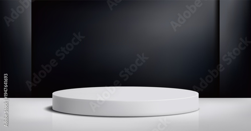 Round podium platform for product presentation. Minimal pedestal stage for display, showcase, advertising, branding. Modern design concept. Vector illustration. Realistic 3D scene mockup. Black color.