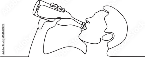 Hand holds a bottle man drinking from a bottle, one line art icon drawing vector
