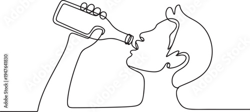 Hand holds a bottle man drinking from a bottle, one line art icon drawing vector