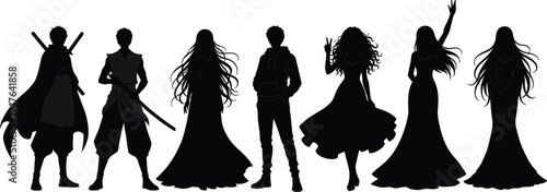 Anime character silhouettes lineup, fantasy heroes and heroines, long hair figures, warrior swordsman, stylish girls, black shadow illustration isolated background