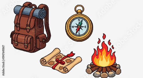 Pixel Art Adventure and Camping Essentials Set: Backpack, Compass, Scroll Map, and Campfire Icons