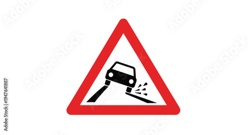 Warning sign depicting a vehicle sliding on a slippery road surface
