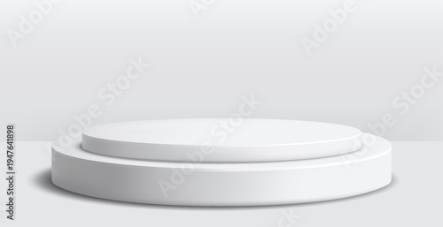 Round podium platform for product presentation. Minimal pedestal stage for display, showcase, advertising, branding. Modern design concept. Vector illustration. Realistic 3D scene mockup. White color.