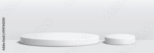 Round podium platform for product presentation. Minimal pedestal stage for display, showcase, advertising, branding. Modern design concept. Vector illustration. Realistic 3D scene mockup. White color.