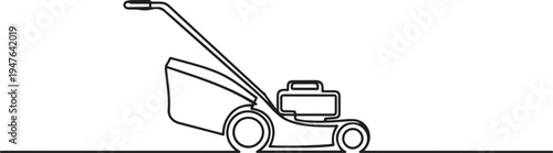 hand lawn mower gardening. one line art icon drawing vector