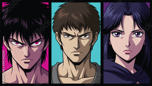 Anime character portraits intense expressions manga style heroes and heroine close up faces dramatic lighting digital illustration set