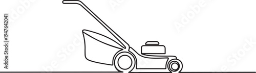 hand lawn mower gardening. one line art icon drawing vector