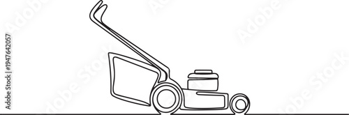 hand lawn mower gardening. one line art icon drawing vector
