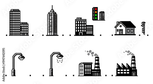 Pixel Art City Elements: Buildings, Traffic Lights, Streetlights, Factories