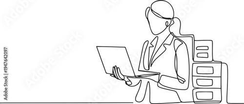 Woman programmer engineer.IT specialist is holding a laptop. Data center, server cabinet. Digital technologies. one line art icon drawing vector