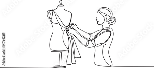 A seamstress works with a mannequin. one line art icon drawing vector