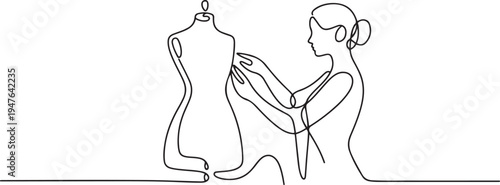 A seamstress works with a mannequin. one line art icon drawing vector