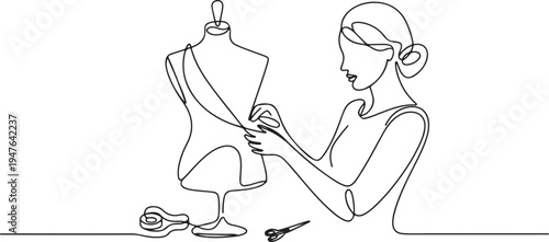 A seamstress works with a mannequin. one line art icon drawing vector