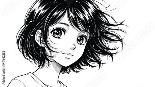 Anime girl portrait illustration with short flowing hair big expressive eyes manga style black white line art character