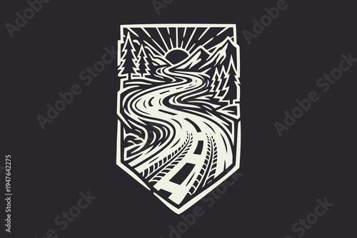 Winding Mountain Road Adventure Badge Illustration