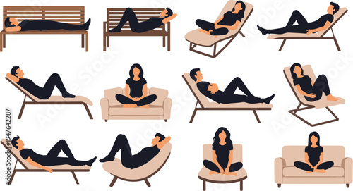 Comfortable Sitting and Relaxation Icons for Home Furniture, Living Room, and Leisure Time Activities