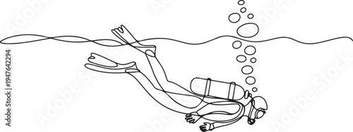 The concept of sport is a journey of scuba diving. one line art icon drawing vector
