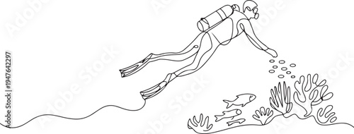 The concept of sport is a journey of scuba diving. one line art icon drawing vector
