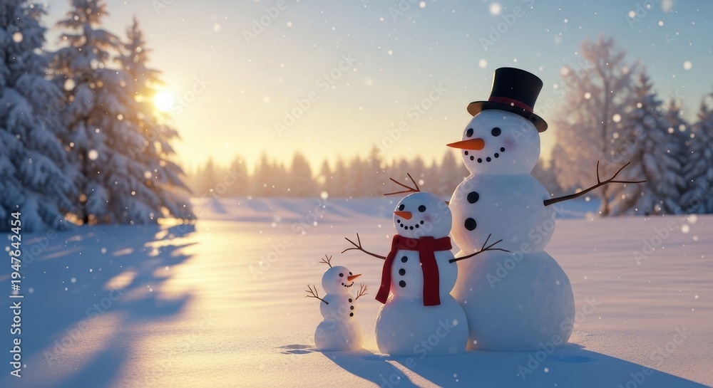 Obraz premium Snowman Family Enjoying a Winter Wonderland Sunset.