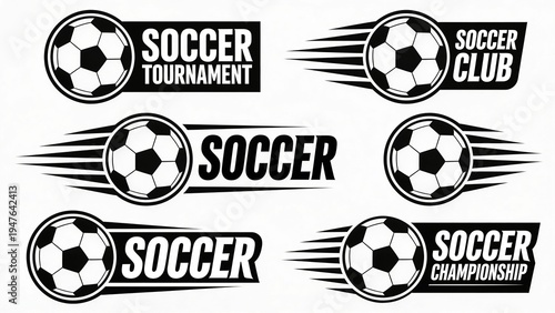  features a collection of six black and white soccer-themed logos, each incorporating a stylized soccer ball. The logos vary in design, with some featuring dynamic motion lines suggesting speed and mo