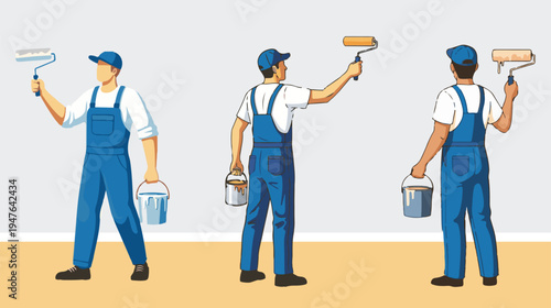 Worker painting walls cartoon flat style. Construction worker renovating house illustration.