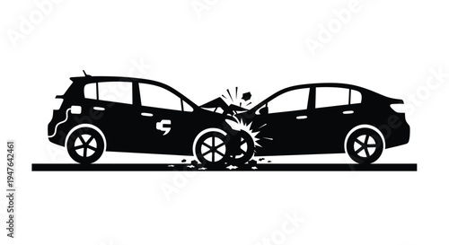 Two cars collide head on in a dramatic black and white illustration