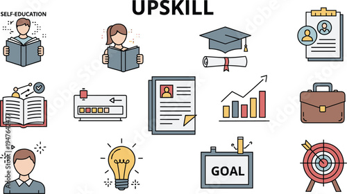 Upskilling and Self-Education Icons for Personal Growth, Career Development, Goal Setting, and Professional Training