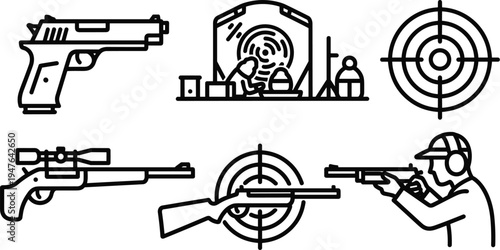 Shooting Sports Icons with Firearms, Target Practice, and Competitions for Marksman, Rifle Shooting, and Clay Pigeon Sports