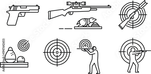 Shooting Sports Illustrations with Targets, Guns, and Marksman for Competitive Shooting, Clay Pigeon, and Firearm Sports