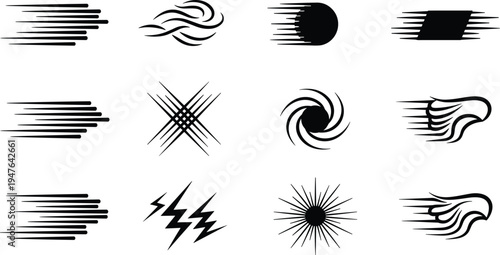 Black speed lines motion set, dynamic wind effect symbols, fast movement icons, vector comic action elements, velocity blur, rushing energy strokes.