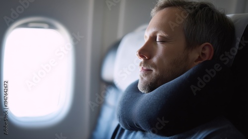 a male airplane passenger resting with a neck pillow by the window
