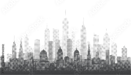 city skyline halftone risograph urban cityscape buildings skyscrapers metropolis architecture screentone vintage retro silhouette landscape
