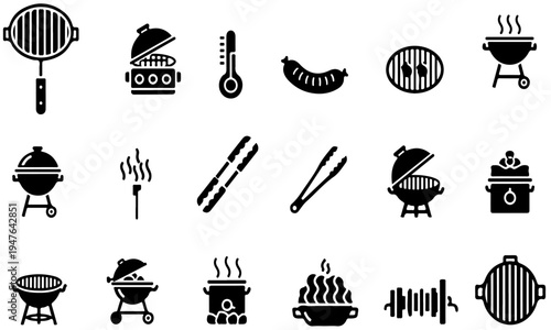 BBQ Grill and Barbecue Cooking Equipment Solid Icon Set – Grill Pan, Charcoal Grill, Sausage and Tongs