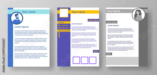 This collection displays three blank resume designs presented on A4 letter templates. Each template includes sections for personal details, contact information, and skills