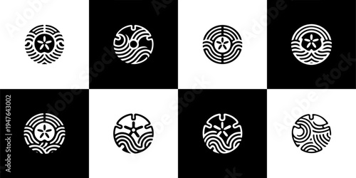 Icon Set Vector of 8 Sand Dollar and Ocean Wave Logo Symbols