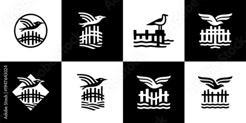 Icon Set Vector of 8 Seagull Bird and Ocean Pier Logo Symbols