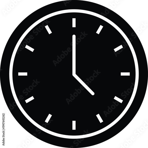 Black clock face with white hands and markers on white background white markers