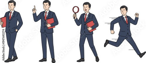 Businessman character set office worker poses walking thinking searching running professional male cartoon business people vector illustration collection
