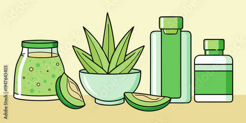 Vector illustration set of organic Aloe Vera plants, cut slices, and natural skincare products in tubes and jars, symbolizing medicinal plants, cosmetic ingredients, beauty care, and healthy skin