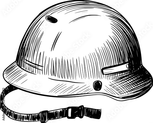 Hand Drawn of a Black and White Safety Helmet with Chin Strap White Background construction