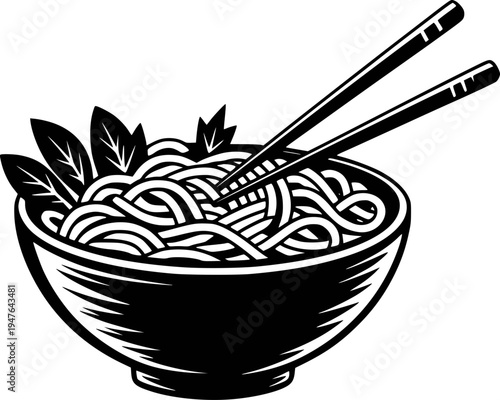 Black and white of a bowl of noodles with chopsticks and leaves a white background