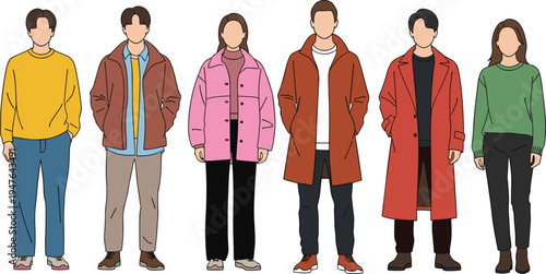 Casual people character set men and women standing modern clothing fashion outfit flat vector illustration isolated collection